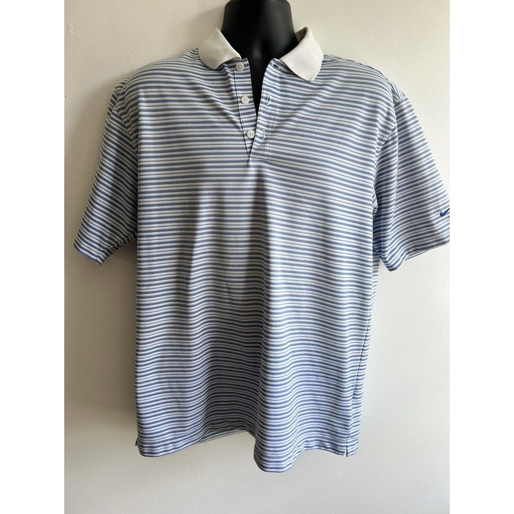 Nike Dri Fit UV Polo Shirt Men Large Short Sleeve Blue White Stripe Golf Casual